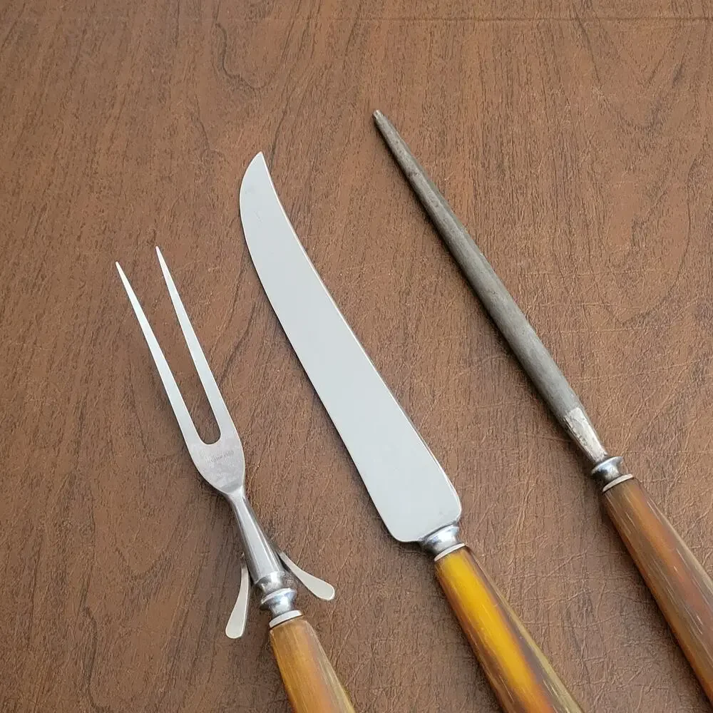 Vintage 40s Universal Resistain 3 Piece Carving Set Butterscotch Bakelite Handle